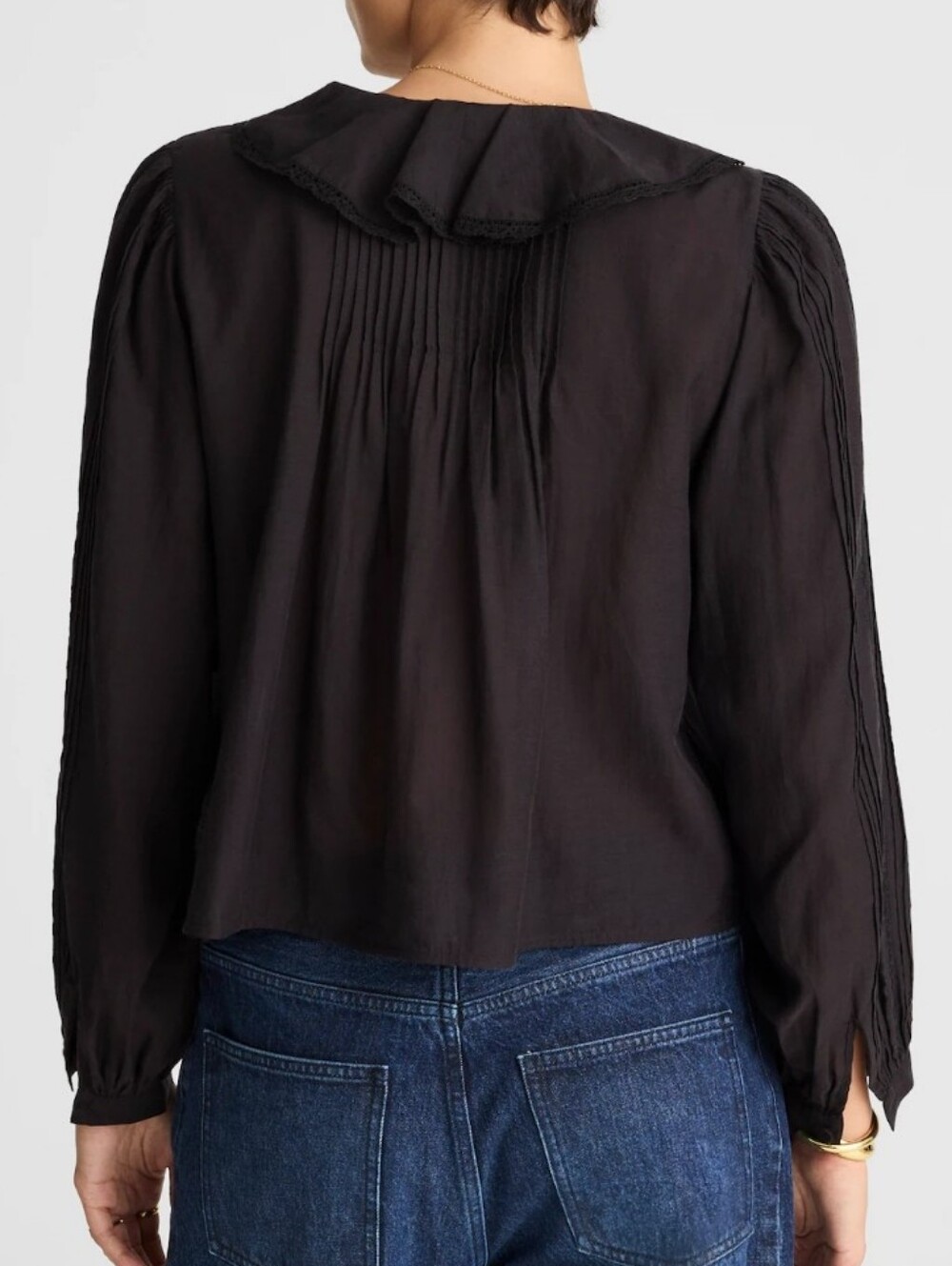 Madewell Black Lace-Insert Ruffled Pintuck Long-Sleeve Top, Sz L - Picture 2 of 15